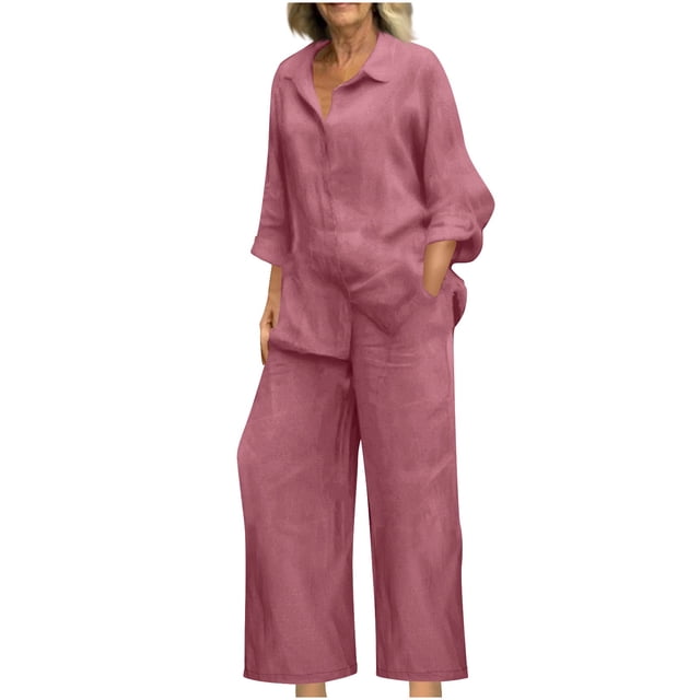 Women 2 Piece Linen Sets 2025 in soft pink, featuring a button-up long sleeve shirt and drawstring wide-leg pants. This summer outfit is ideal for casual outings, vacations, lounging, or as matching sets for women. Designed for comfort and style.