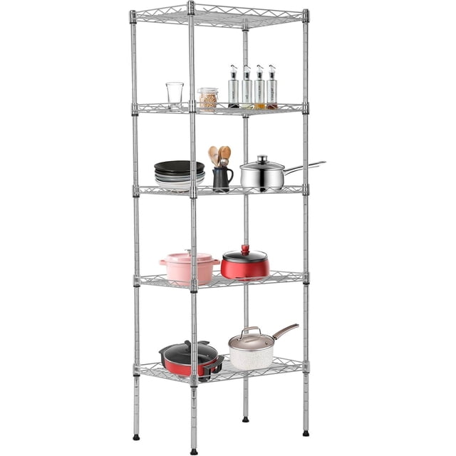 FDW 5-Tier Wire Shelving Unit, 17" x 12" x 48" Adjustable Metal Storage Rack, Heavy-Duty Storage Shelf for Home & Office Use, Chrome
