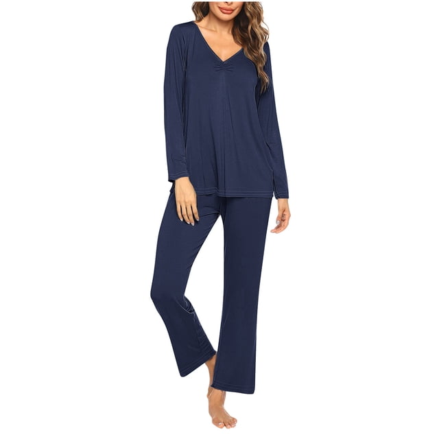 Timegard Ensembles de Pyjamas pour Femmes 2 Pcs Manches Longues Col en V Haut Froncé et Pantalon Automne Décontracté Doux Tenues de Pjs