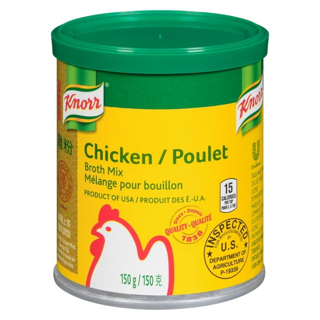 Knorr Chicken Broth Mix 150 g can with green lid and yellow label featuring a red and white chicken illustration and bilingual English and French text, inspected by U.S. Department of Agriculture, suitable for soup bases, stir-fries, and meat marinades in Chinese and East Asian cooking.