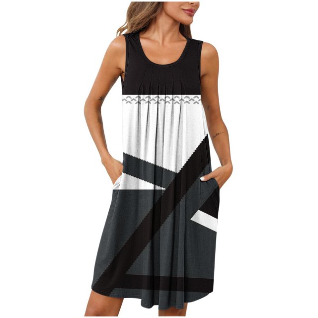 Ovzne Robes d'Été pour Femmes Robe d'Été Femmes Imprimé avec Poches Chemises de Nuit Sans Manches Vêtements de Nuit Chemise de Nuit à Plis devant Col Rond Robe de Nuit Grande Taille Robe Imprimée Liquidation