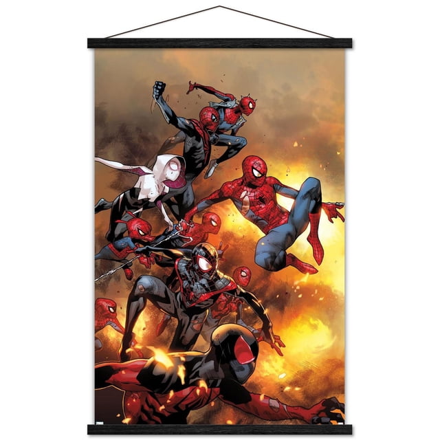 Marvel Comics - Spider-Verse - The Amazing Spider-Man #13 Affiche Murale, 22,375 Pouces x 34 Pouces Encadrée Présentant Plusieurs Personnages Spider-Man en poses d'Action Dynamiques sur un Fond orange Ardent, Imprimée sur Papier Fini satin de Qualité Supérieure dans un Cadre Noir avec Accroche-Dents de Scie, Idéale pour l'Art Mural et la Déco de Pièce dans les Chambres, Bureaux Ou Dortoirs.