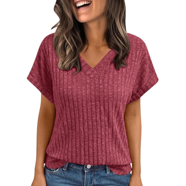 Ovbmpzd Hauts pour Femmes Tricotés Rouges à Manches Courtes Col en V Confortables T-Shirts Unis Tee Shirts Femmes TTG