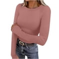 thumbnail image 3 of YOIAVAIOY Women Long Sleeve Shirts Rib Knit Slim Fit Basic Tees Fall Casual Outfits Spring Fall Undershirts Pink L, 3 of 9