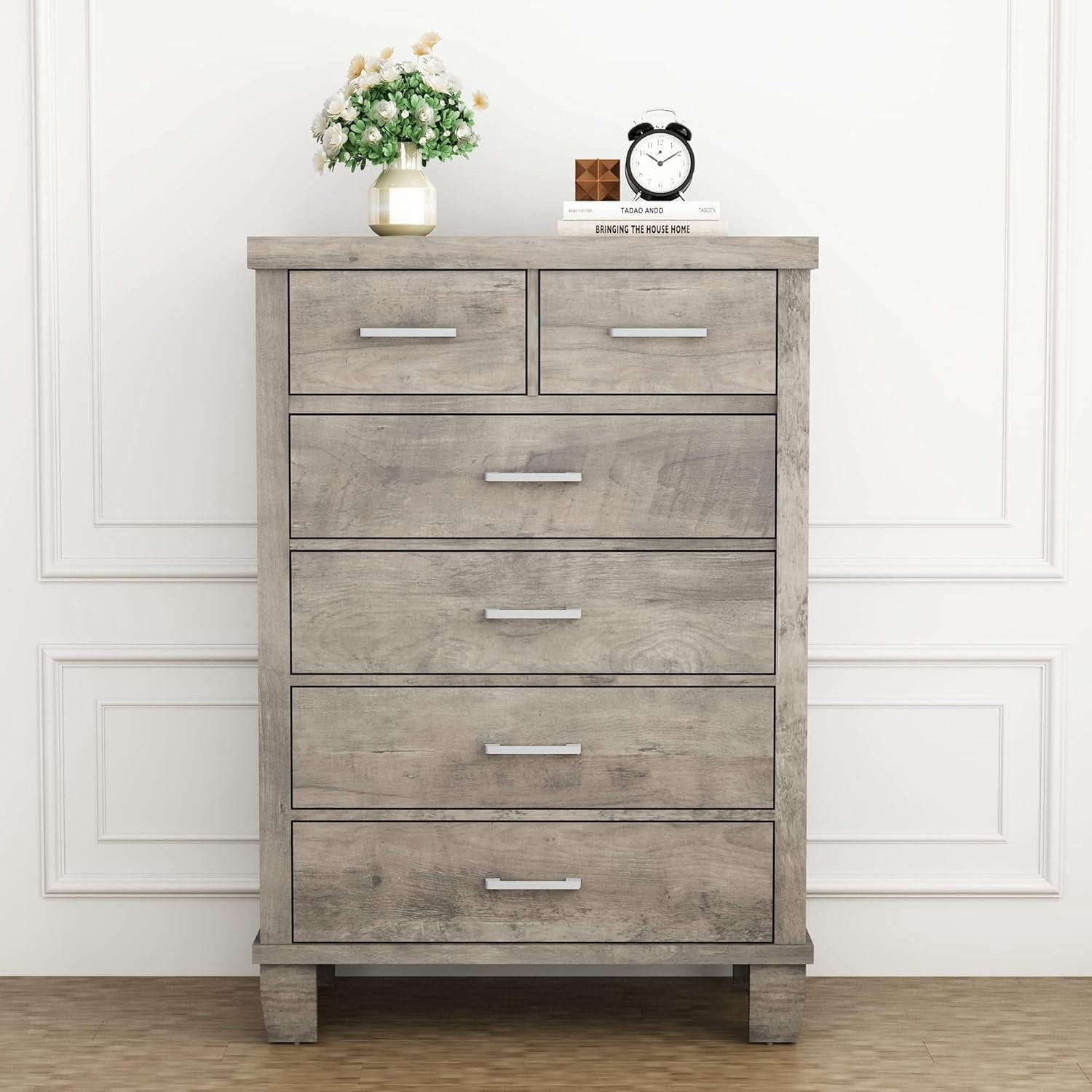 Dresser for Bedroom with 6 Drawers, 45" Tall Grey Chests of Drawers with Storage, Wooden Dresser for Closet, for Bedroom, Living Room, Entryway
