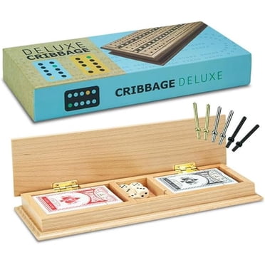 Tradeopia 3 Track Natural Wooden Cribbage Board Game with Storage Case | Includes 2 Decks of Cards and Metal Pegs | Compact Travel-Friendly Cribbage Set for Family Game Nights and Gatherings