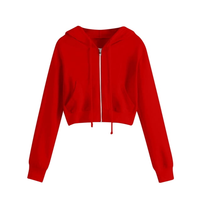 Timegard Zip up Hoodies for Women Plus Size Cropped Sweatshirts Long Sleeve Shirts Pullover Solid Color