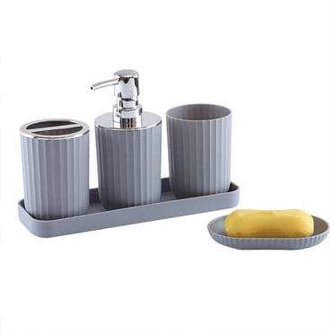 Bwiyojiz Ensemble d'Accessoires de Salle de Bain 2,91-9,84 Po L avec Pompe Distributrice de Savon, Brosse à Dents, Gobelet et Coupelle Accessoires de Bain pour la Maison, Plastique, Gris, Cadeaux pour Ami