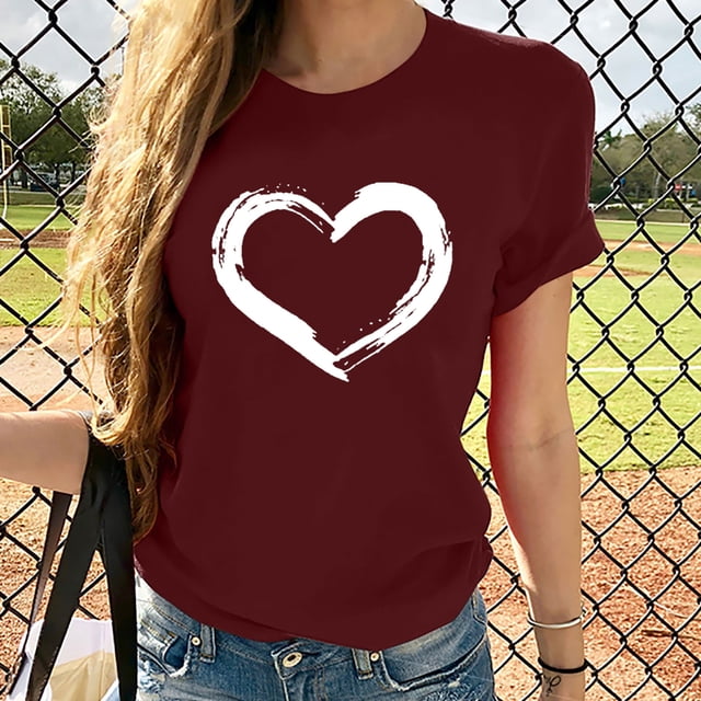 EGNMCR T-Shirts pour Femmes Femmes Manches Courtes Col Rond Imprimé en Forme de Cœur Hauts Décontractés Blouse T-shirt