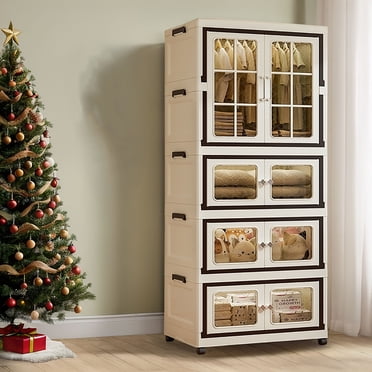 RAZXNAOR Foldable Storage Cabinet with Doors | Stackable, collapsible design with lids, tool-free assembly, durable PP material, Ideal for home, office