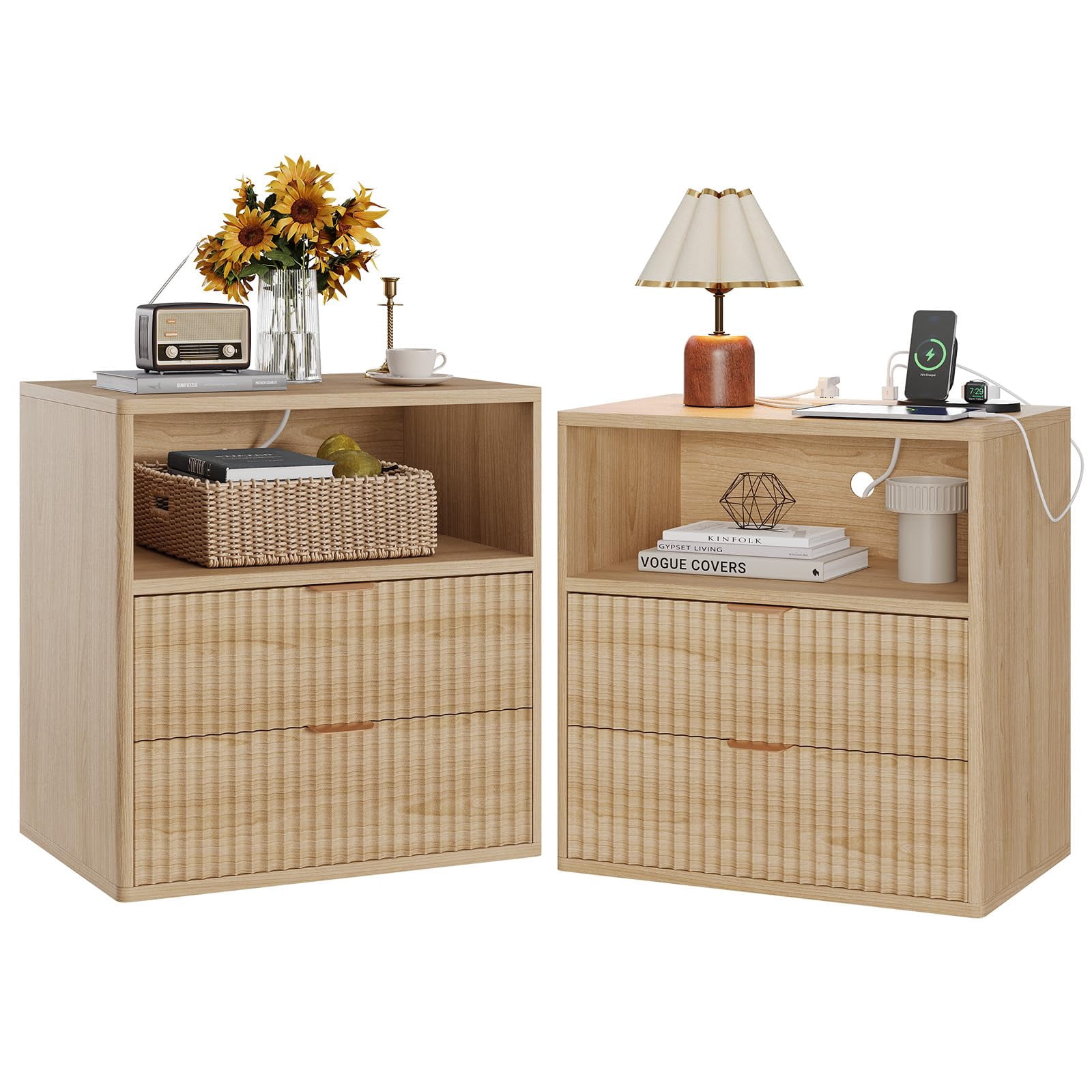 Farmhouse Night Stand Set of 2 – 23" Mid-Century Modern Nightstand with Charging Station & 2 Drawers, Fluted Wood End Table for Bedroom, Sofa, Home Office