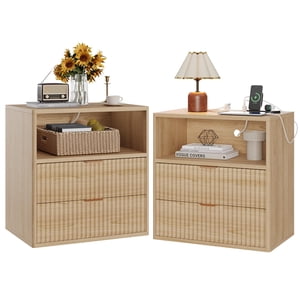 Farmhouse Night Stand Set of 2 – 23" Mid-Century Modern Nightstand with Charging Station & 2 Drawers, Fluted Wood End Table for Bedroom, Sofa, Home Office