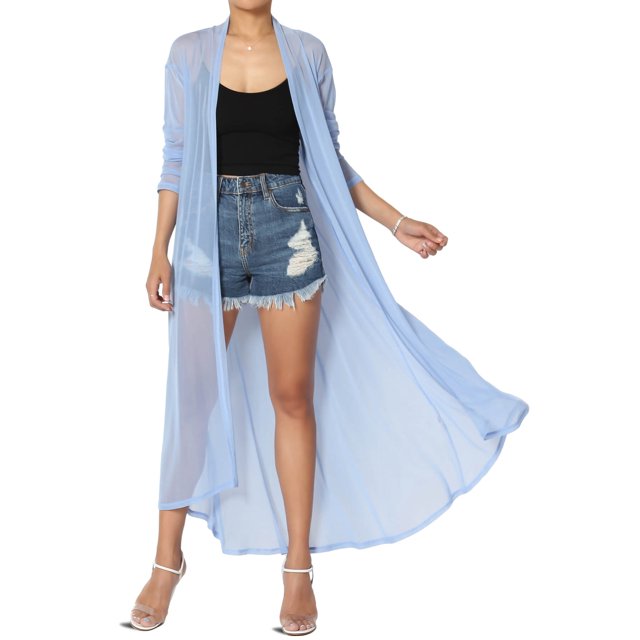 TheMogan Cardigan Ouvert à Manches Longues en Maille pour Femmes Mi-Mollet Caftan Transparent