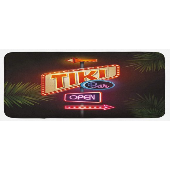 Tiki Bar Kitchen Mat, Old Fashioned Neon Signs Illustration of Open Bar Palm Tree Branches Roadside, Plush Decorative Kitchen Mat with Non Slip Backing, 47" X 19", Green Red