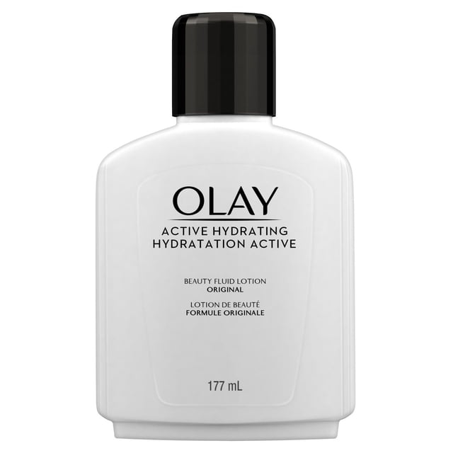 Olay Active Lotion Hydratante en Bouteille Blanche de 177 ml avec Capuchon Noir, Étiquetée comme la Lotion Fluide Beauté Originale en Anglais et en Français, Conçue comme Hydratant pour le Visage Offrant une Hydratation Active.