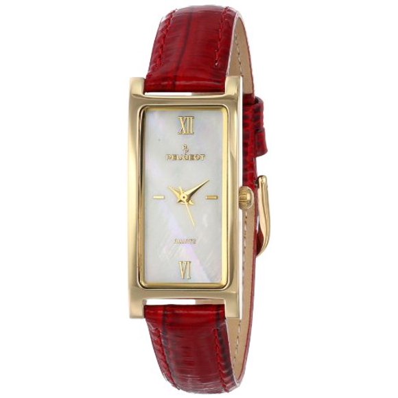 Peugeot Women's 14K Gold Plated Mother of Pearl Roman Numeral Face Glossy Red Leather Thin Skinny Strap Dress Watch 3017RD