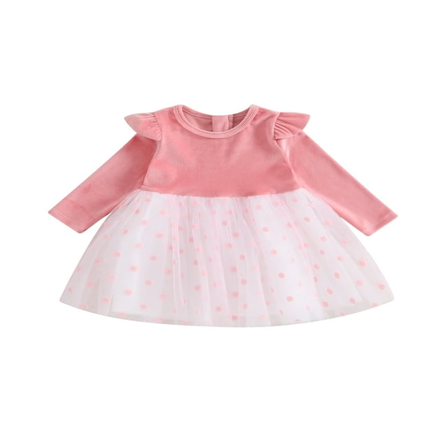 Robes en Tulle à Manches Longues et Col Rond à Pois pour Bébés Filles