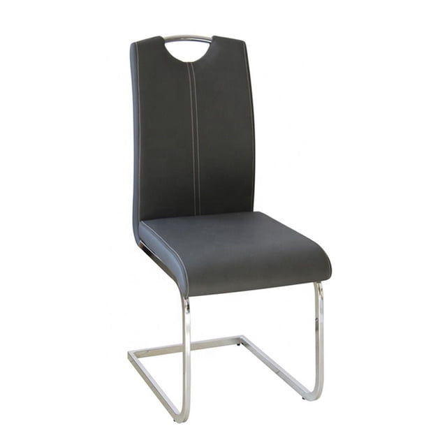 Canadian Daisy Dining Chair Black featuring a black leatherette seat and backrest with vertical stitching, chrome cantilever legs, and a handle cutout at the top of the backrest for easy moving, suitable for modern dining or minimalist interiors.