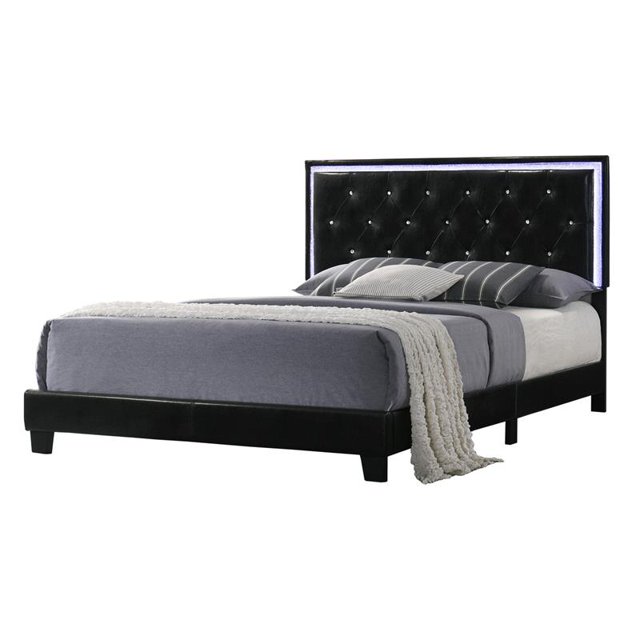 Black Faux Leather Panel Bed with LED Light Up Headboard in Queen