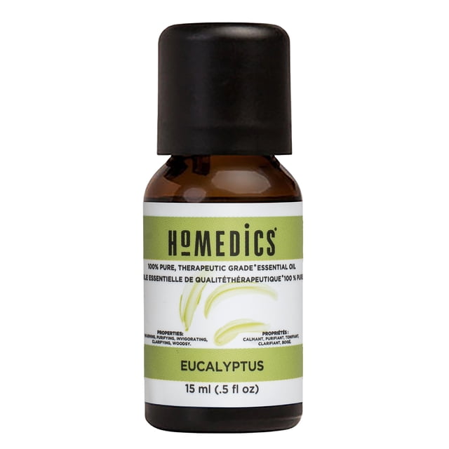 Homedics Eucalyptus 15ml Essential Oil 6 Pack containing six bottles of 100% pure, therapeutic grade eucalyptus oil. Each 15ml bottle offers warming, woodsy properties, suitable for aromatherapy, topical use with a carrier oil, or as a natural deodorizer when mixed with water. Ideal for essential oil singles category. Bottled in the USA with eucalyptus sourced from Asia.