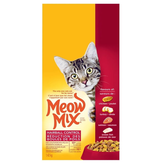 Meow Mix Cat Food Hairball Control 1.42 kg bag showing a tabby cat peeking from the right side on a yellow and red background, featuring chicken, turkey, salmon, and ocean fish flavors, with a red bowl of dry kibble at the bottom right, formulated to help control hairballs and provide essential nutrients for adult cats.