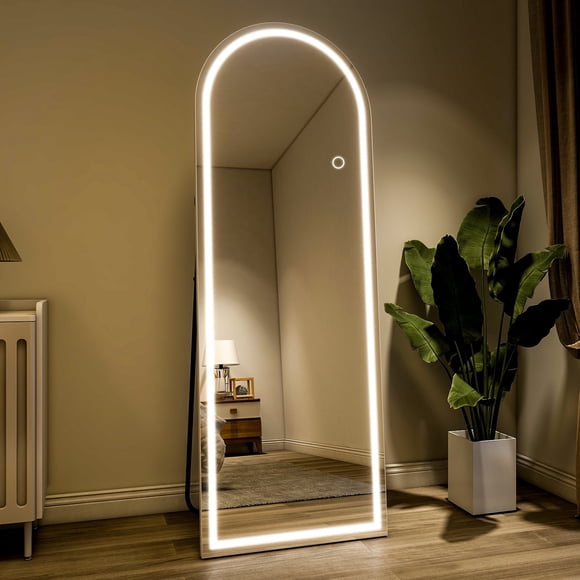BEAUTYPEAK 64" x 21" Full Length Mirror Arched with LED Light Standing Floor Mirror,White