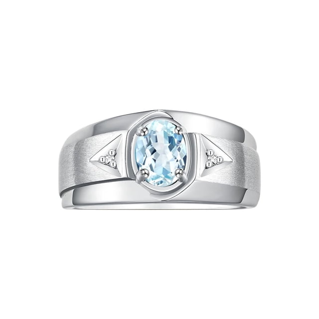 RYLOS Men's Rings Sterling Silver Classic 7X5MM Oval Gemstone & Diamond Ring Aquamarine March Birthstone Rings For Men, Men's Rings, Silver Rings, Size 9