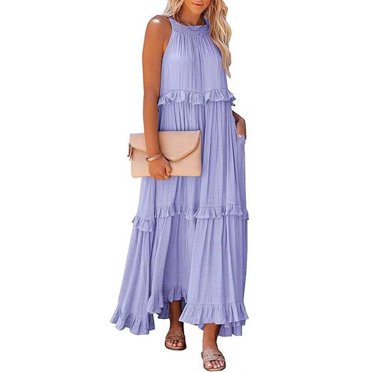 Ruffles Navy Blue A-line Loose Casual Maxi Long Summer Women Dress Halter Sleeveless Robe Party Vestidos - Light Purple / M