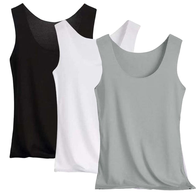 Posijego Lot de 3 Camisoles pour Femmes avec Encolure Dégagée et design Sans Manches. Comprend Trois Camisoles de Couleur Unie en Noir, Blanc et Gris. Fabriqué en Tissu polyester Léger et Respirant, Idéal pour Superposer Ou Porter Seul. Convient aux Contextes Décontractés, de Travail Ou de gym.