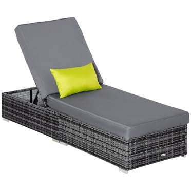 Outsunny Patio Wicker Lounger, Outdoor PE Rattan Single Chaise Lounge, Aluminum Frame Garden Furniture Sun Lounger Bed w/Adjustable Recliner Backrest, Cushion, & Pillow, Grey