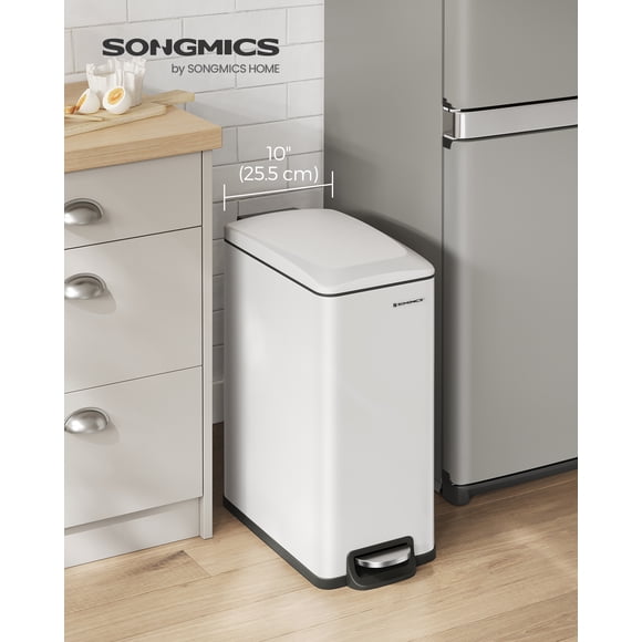 SONGMICS Bathroom Trash Can, 13-Gallon (50 L) Small Trash Bin with Lid, Slim for Small Spaces, Stainless Steel Garbage Can, Soft Close, White