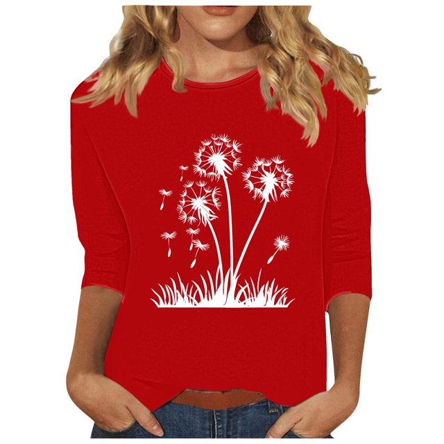 Plebaso Hauts pour Femmes Manches 3/4 Chemises Décontractées Imprimées Tunique à Col Ras du Cou Hauts Chandails Blouses pour Femmes