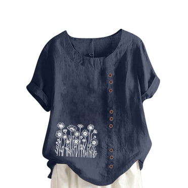 LMKIHUSA Short Sleeve Cotton Blouses for Women Bohemian Floral Print Soft Blouses Crew Neck Button Up Tops Casual Fashion Summer 2025 Tees Navy,L