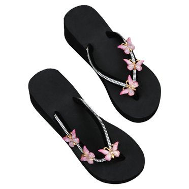EQWLJWE Sandals Women 2022 Rhinestone Slope Heel Open Toe Bow-Knot Slippers Shoes Comfy Casual Beach Sandals Flip Flops