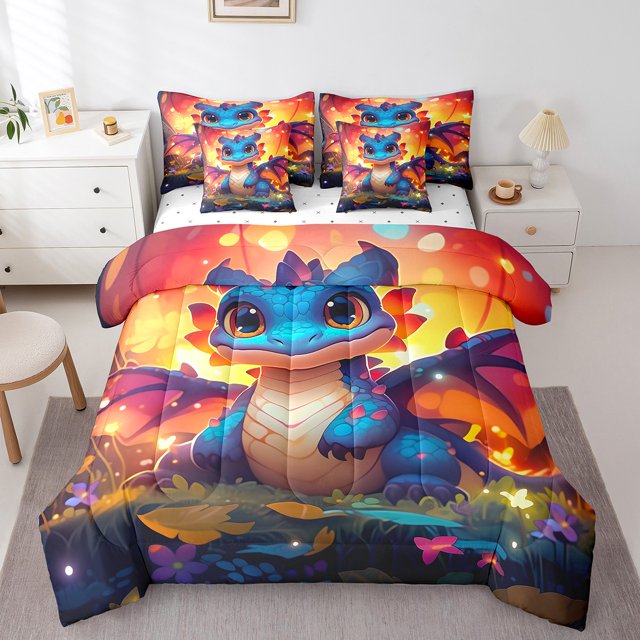YST Kawaii Dragon Bedding Set, Cartoon Animal Comforter Set, King Size (7 Count)