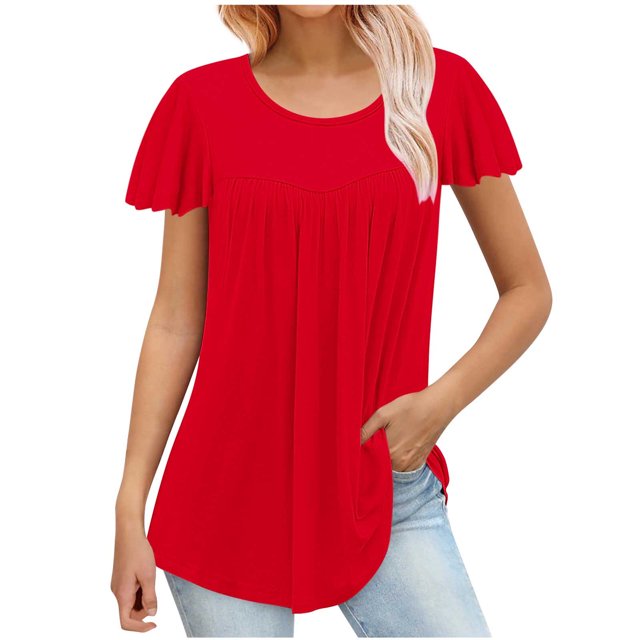 FAIWAD Tunique d'Été pour Femme à Manches Courtes, Col Rond, T-Shirt Décontracté Plissé, Ample et Fluide