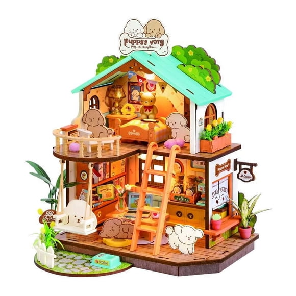 Rolife Puppy's Cozy Villa House Maison de Poupée Miniature Bricolage Cadeau de Noël pour Adultes et Enfants