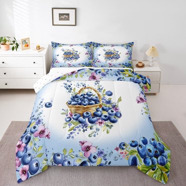 Erosebridal Fruit Blueberry Comforter Sets,Blue Purple Comforters & Duvets,Violet Flowers Bedding Comforter Set,Breathable Hawaii Summer Bedroom Decorative,Reversible,2Pcs
