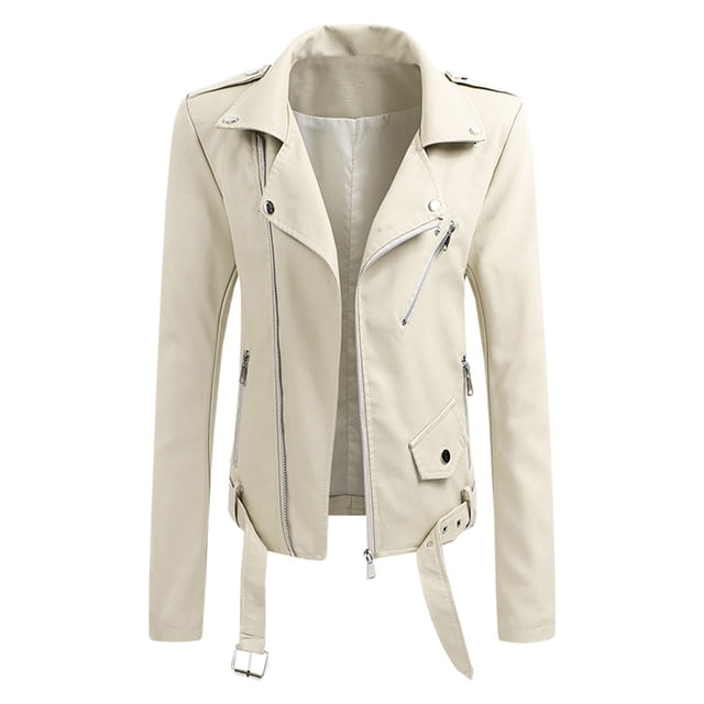 CEHVOM Women's Lapel Collar Button Motorcycle Jacket Leather Short Jacket Coat