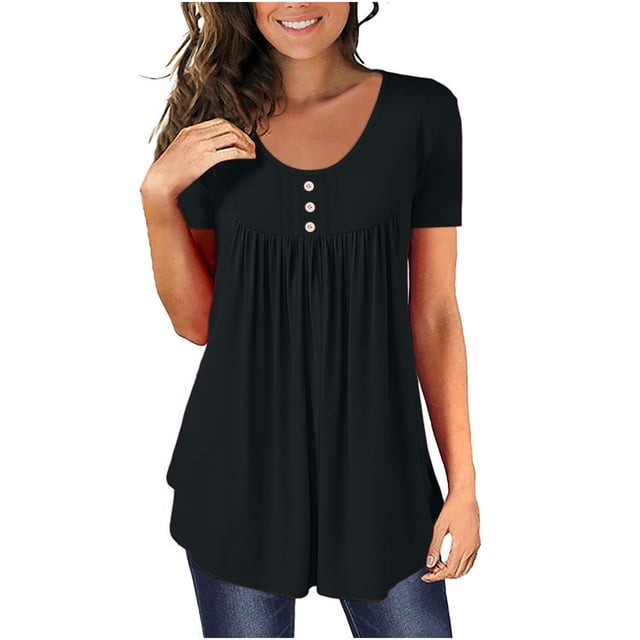 SMihono Hauts pour Femmes Été Décontracté Chic T-Shirt d'Été Uni Col Rond Boutonné Plissé Manches Courtes Oversize pour Femmes