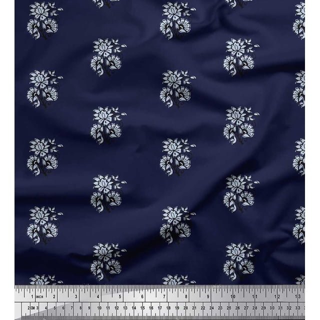 Soimoi Satin Silk Fabric Floral Block Print Sewing Fabric Yard 42 Inch Wide