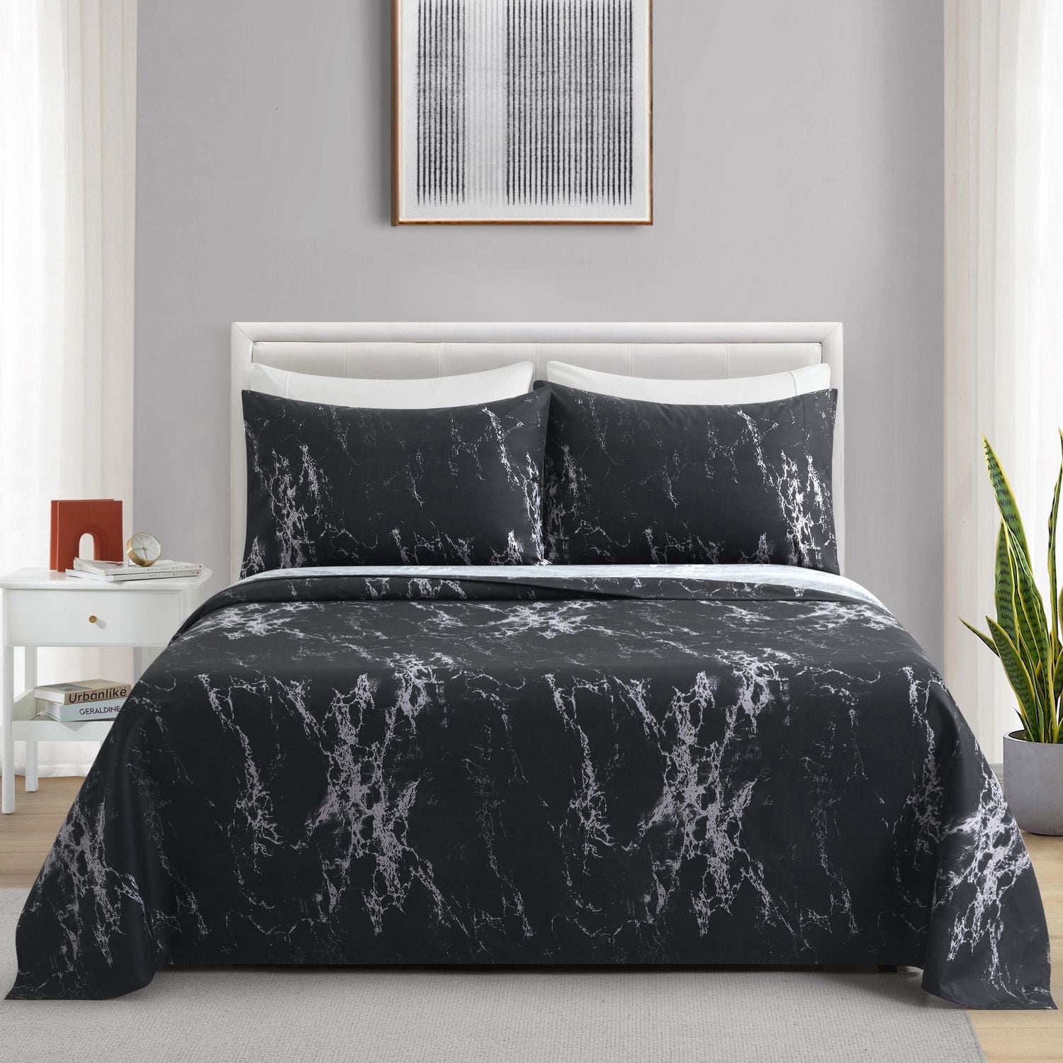 Literie Marina Décoration ultra douce et soyeuse, imprimée, en rayonne de bambou, toutes saisons, avec taies d'oreiller, motif marbre noir moderne