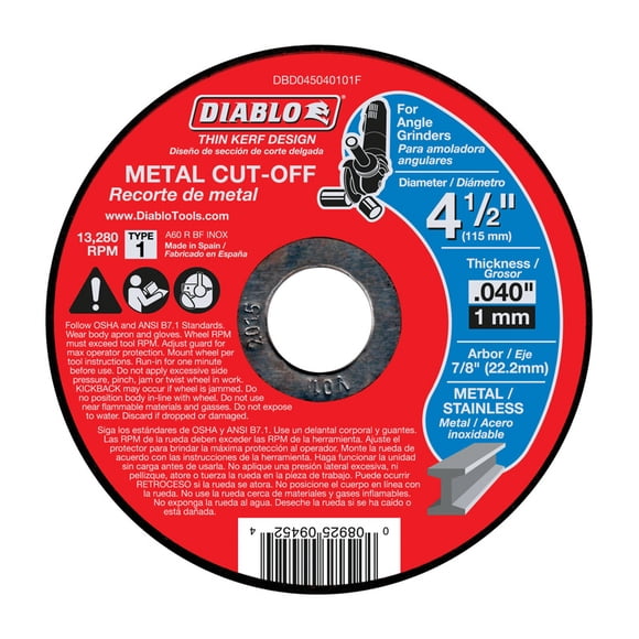 Diablo Disque Coupé en Métal à l'Oxyde d'Aluminium 4-1/2 Po. 0.04 Po. x 7/8 Po. 1 pk