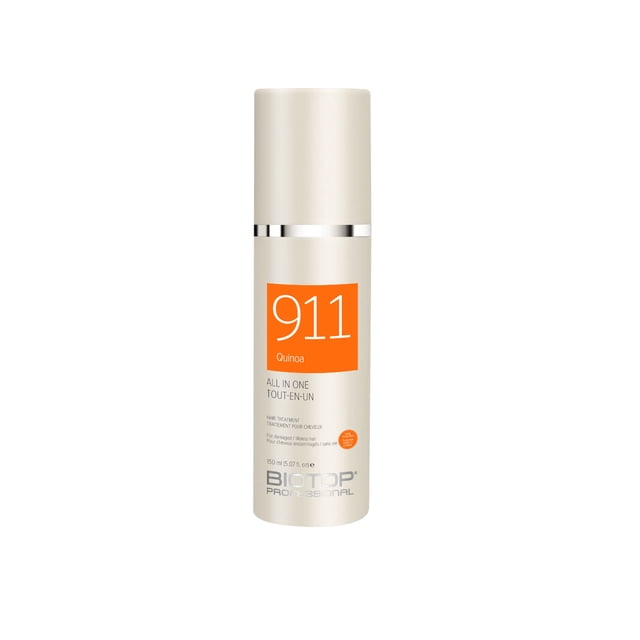 Biotop 911 Quinoa Revitalizing All in One Hair Treatment 150mL in a beige cylindrical bottle with an orange label featuring the number '911' and the word 'Quinoa.' This multi-use leave-in treatment offers UV and heat protection, restores hair strength, and reduces frizz for smooth, shiny hair. Paraben-free, SLS/SLES-free, and cruelty-free.
