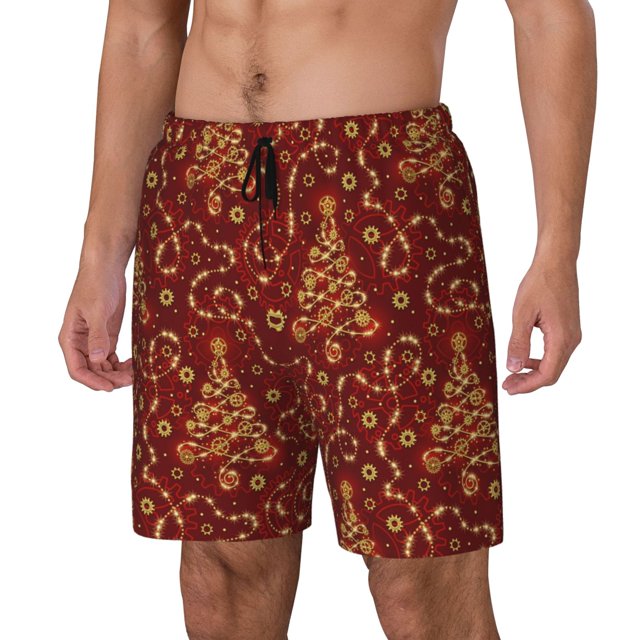 Kdxio Christmas Tree On A Red Background Print Mens Swim Shorts with Mesh Lining, Breathable and Quick-Drying, Adjustable Waist, Privacy Pocket-3X-Large