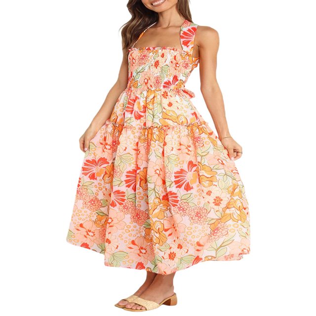 Robe Maxi Plissée d'Été pour Femme, Col Licou, Sans Manches, Robe Soleil, Dos Croisé, Fluide, Maxi Longue
