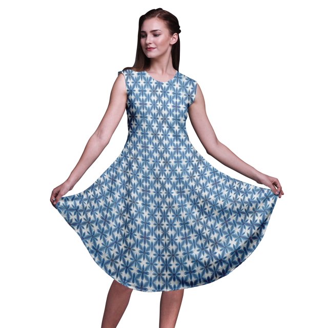 Bimba Robe Midi Évasée d'Été Sans Manches à Imprimé Floral et Géométrique Bleue Shibori pour Femmes - Petit