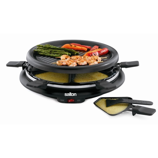 Salton Party Grill & Raclette TPG315 tabletop raclette with a centered top grill plate and six non-stick raclette pans beneath. Includes six spatulas, on/off switch with indicator light and an immersible grill plate for easy cleaning; often used as a compact tabletop dessert melter.