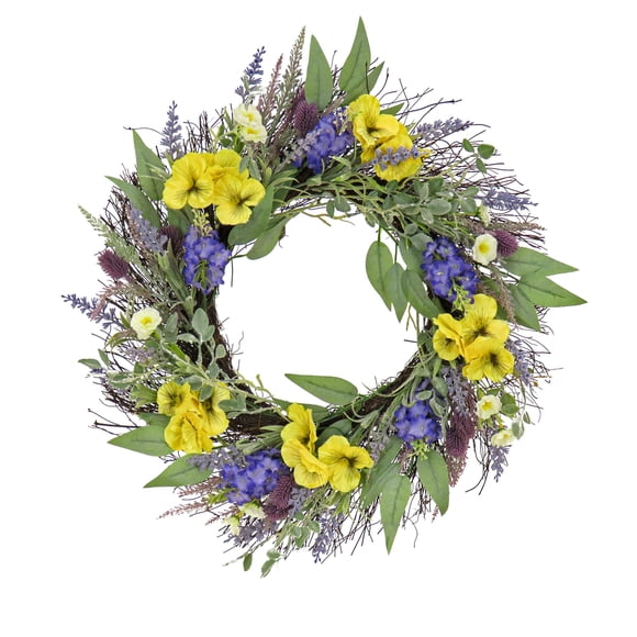 National Tree Company 22 inch Artificial Spring Wreath with Pansy Blooms Lavender and Assorted Blossoms Realistic Floral Decoration for Front Door or Indoor D?cor