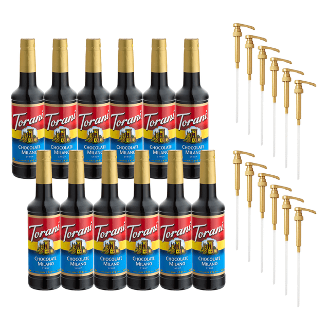 Torani Chocolate Milano Flavoring Syrup Plastic 750 mL with Bonus Squeeze Pump – Premium European-Style Bittersweet Cocoa Drink Mixer, Pure Cane Sugar Matrix, Shatterproof Handheld Foodservice Bottle
